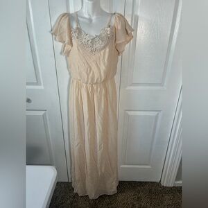 AUW Light Peach Lace Trim Flutter Sleeve Elastic Waist Maxi Dress